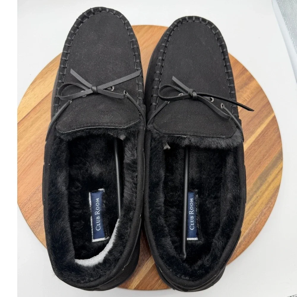Club Room Men's 12-13 XL Black Moccasin Faux Fur Lined Indoor Outdoor 0693